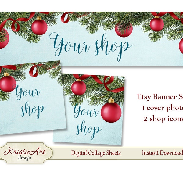 ETSY Shop Banner (Cover photo) + Shop Icons - Set #L003. Digital Christmas Etsy Shop Banner Digital Collage Sheet Winter Banner