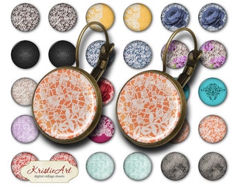 Lace - 18mm, 16mm, 14mm, 12mm, 10mm Circles Digital Collage Sheets E-017 Printable Earring, Rings, Jewelry