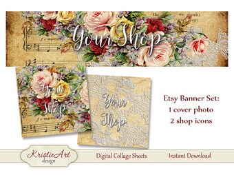 ETSY Shop Banner (Cover photo) + Shop Icons - Set #L007. Digital Flowers Etsy Shop Banner Digital Collage Sheet Roses Banner