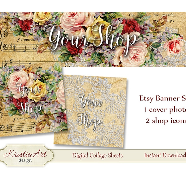 ETSY Shop Banner (Cover photo) + Shop Icons - Set #L007. Digital Flowers Etsy Shop Banner Digital Collage Sheet Roses Banner