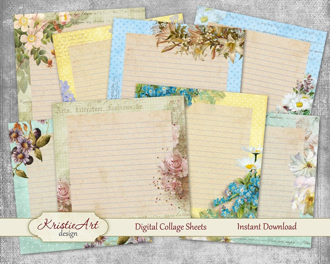 Digital Collage Sheet - Floral Notes Printable Download Flowers Cards ...