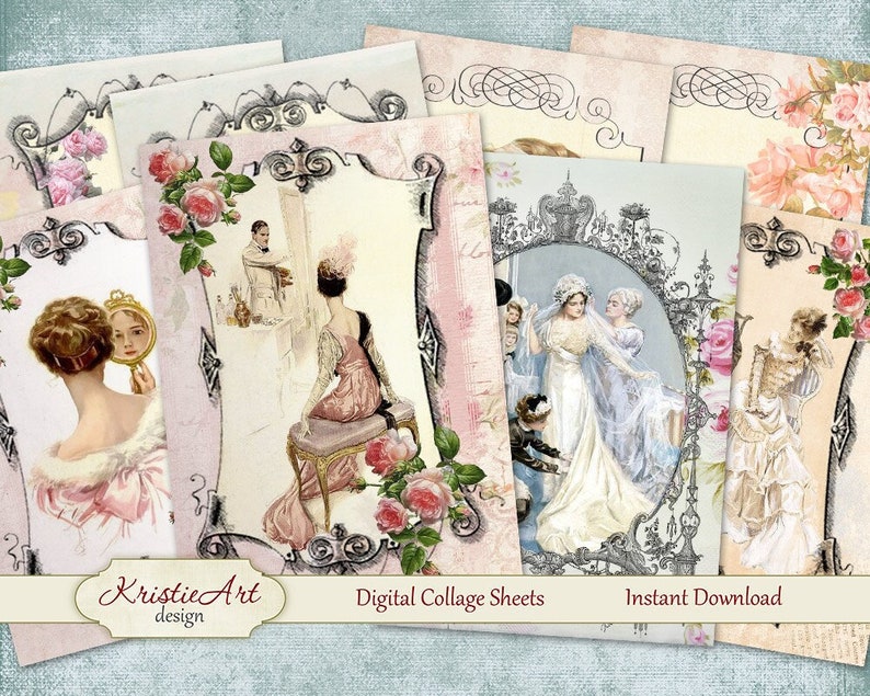 May include: A set of digital collage sheets featuring vintage illustrations of women in various poses, including a woman looking in a mirror, a woman in a pink dress, and two women in white dresses. The images are framed with ornate borders and have a soft, romantic aesthetic.