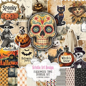 Halloween Junk Journal Digital Paper Kit - 73 pcs, NP036, Spooky Ephemera, Tags, Envelopes, Fussy Cuts, Decorations