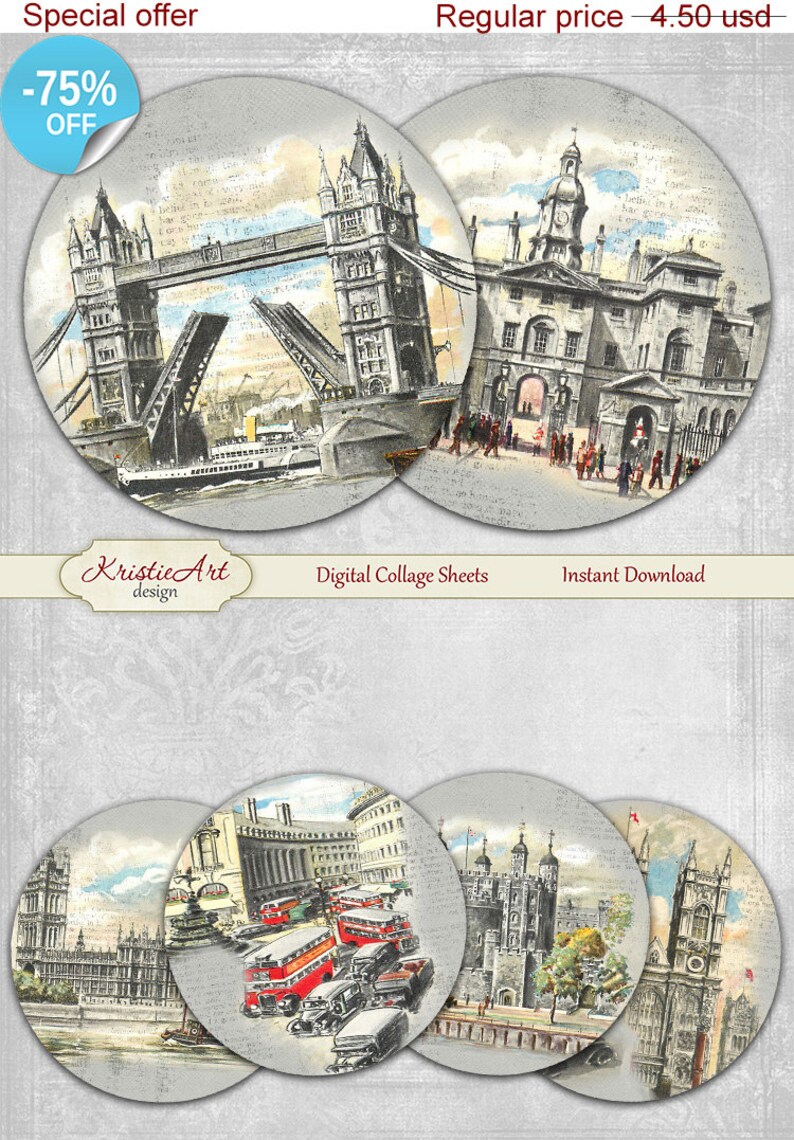 Digital cards C182 printable download tags digital London round image Travel atc card Vintage Digital Collage Sheet 75/% OFF SALE London