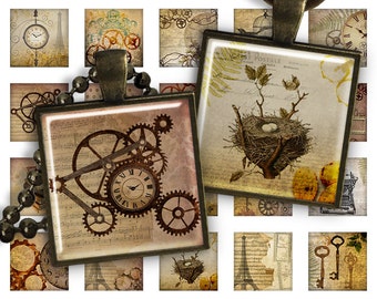 Digital Collage Sheet Steampunk - 1 inch square size 25mm image for pendants glass cabochons charm resin digital image magnets
