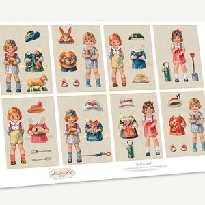 May include: A printable paper doll set featuring eight different outfits for children. The outfits include a bunny costume, a chef's hat, a gardener's hat, a farmer's hat, a baker's hat, a musician's hat, a soldier's hat, and a cowboy hat. The paper dolls are all dressed in colorful clothing and have different hairstyles. The paper doll set is perfect for children who love to play dress-up.