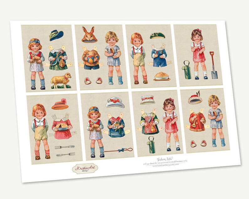 May include: A printable paper doll set featuring eight different outfits for children. The outfits include a bunny costume, a chef's hat, a gardener's hat, a farmer's hat, a baker's hat, a musician's hat, a soldier's hat, and a cowboy hat. The paper dolls are all dressed in colorful clothing and have different hairstyles. The paper doll set is perfect for children who love to play dress-up.