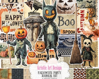 Halloween Party Digital Paper Pack & Fussy Cuts for Junk Journal - 101 pcs, NP035, Spooky Scrapbook Ephemera, Printable Halloween Decor