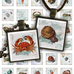 Digital Collage Sheets Ocean - 1 inch square size image for pendants glass cabochons charms resin digital summer image magnets