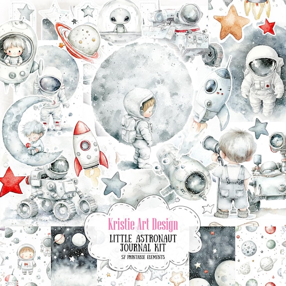 Little Astronaut Junk Journal Kit: Rocket Ships, Planets, Stars - 57 pcs, NP030, Printable Space-Themed Paper Pack