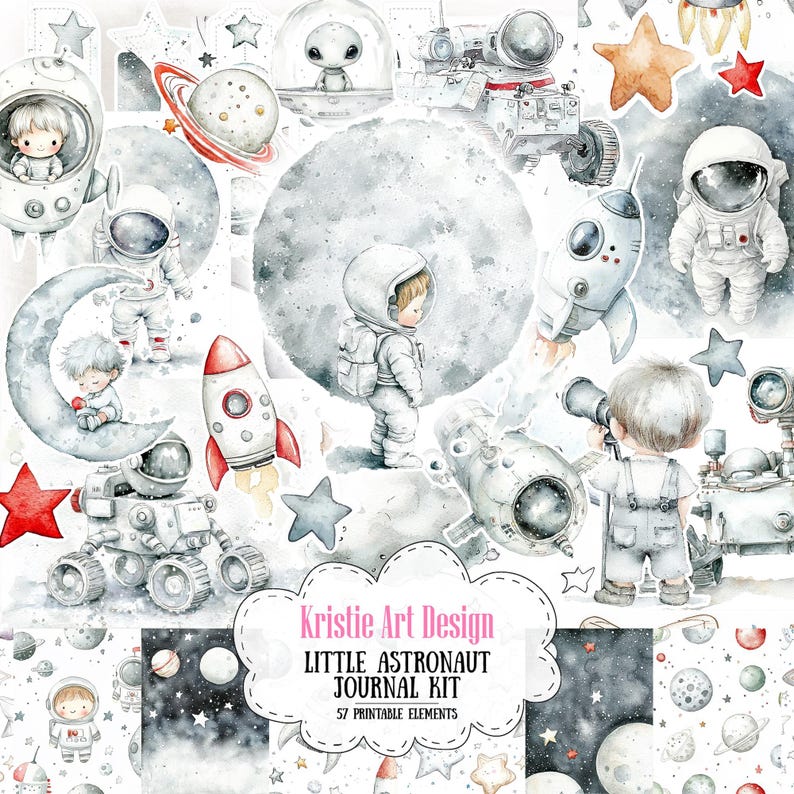 May include: A digital clipart set featuring watercolour illustrations of astronauts, planets, stars, rockets, and other space-themed elements. The set includes 57 printable elements for use in scrapbooking, card making, and other craft projects. The text "Kristie Art Design Little Astronaut Journal Kit 57 Printable Elements" is included in the image.