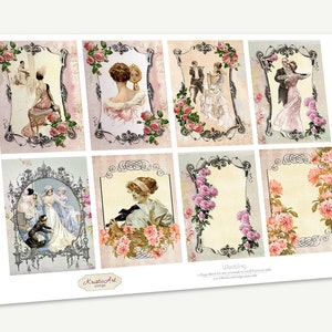 May include: A set of eight printable digital collage sheets featuring vintage illustrations of couples in wedding attire, surrounded by floral borders. The sheets are designed for crafting and scrapbooking.