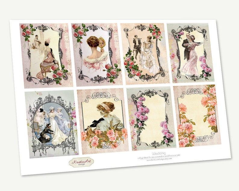 May include: A set of eight printable digital collage sheets featuring vintage illustrations of couples in wedding attire, surrounded by floral borders. The sheets are designed for crafting and scrapbooking.
