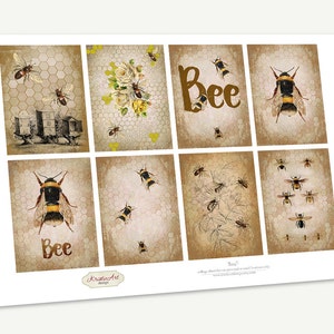 Bee Digital Collage Sheet Digital Cards C135 Printable Download Image Tags Digital Nature Atc Cards Fauna ACEO Bee Cards image 2