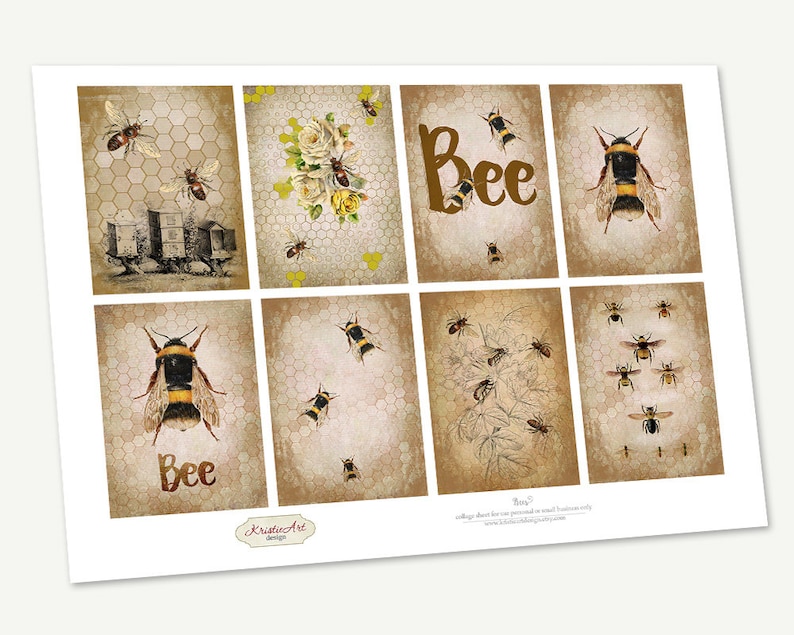 Bee Digital Collage Sheet Digital Cards C135 Printable Download Image Tags Digital Nature Atc Cards Fauna ACEO Bee Cards image 2