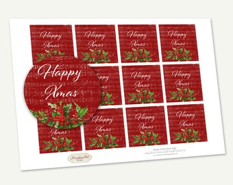 Printable Favor Tags "Happy Xmas", Printable Christmas Tag, Cupcake Toppers, Winter Supplies, Stickers, Christmas Cards