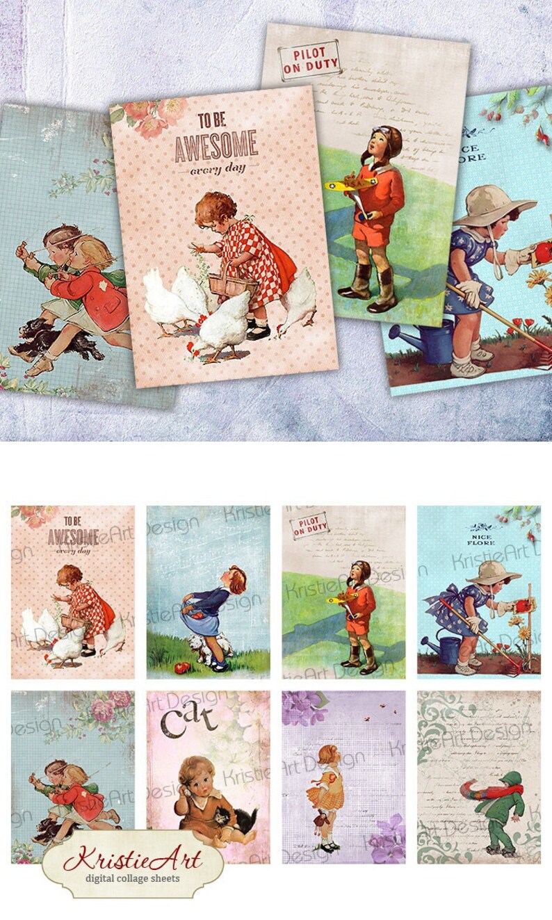 K&ouml;nnte beinhalten: Ein Set mit 10 digitalen Collage-Bl&auml;ttern mit Vintage-Illustrationen von Kindern. Die Bilder zeigen ein M&auml;dchen, das H&uuml;hner f&uuml;ttert, ein M&auml;dchen mit einer Katze, ein M&auml;dchen mit einer Puppe, einen Jungen, der ein Flugzeug fliegt, ein M&auml;dchen, das im Garten arbeitet, und vieles mehr. Die Bilder sind perfekt f&uuml;r Scrapbooking, Kartenherstellung und andere Bastelprojekte.