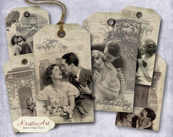 Valentinstag Tags - Digitale Collage Sheet Digitale Tags T002 Printable Download Bild Tags Digitales Bild Love Tags Retro