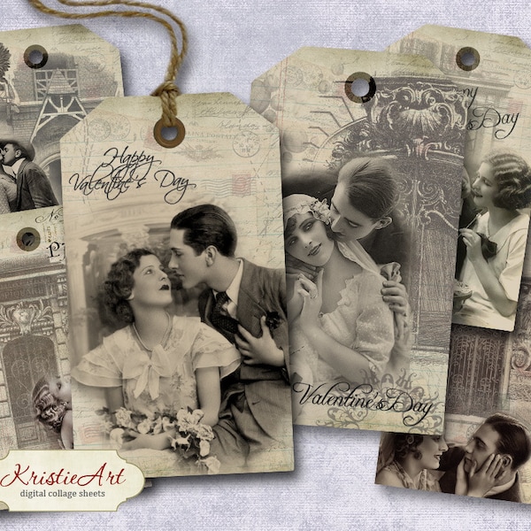 Valentine's Day Tags - Digital Collage Sheet Digital Tags T002 Printable Download Image Tags Digital Image Love tags Retro