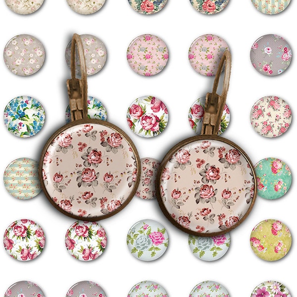 Shabby Flowers - 18mm, 16mm, 14mm, 12mm, 10mm Circles Digital Collage Sheets E-005 Printable for Earring, Rings, Jewelry Making