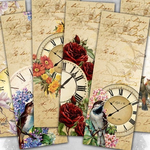 Sommeruhren - Digitales Lesezeichen B003 Collage Bogen druckbare Download Bildgröße digitales Bild Blumen Collage Vögel hängen tags