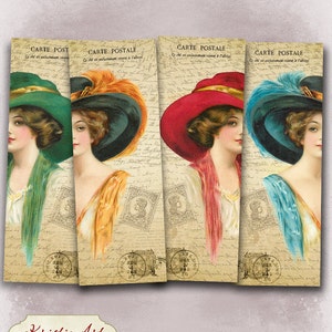 May include: Four vintage postcard images featuring women wearing hats. The women are wearing green, orange, red, and blue hats. The postcards have a handwritten background and the text "CARTE POSTALE" is visible on each card.