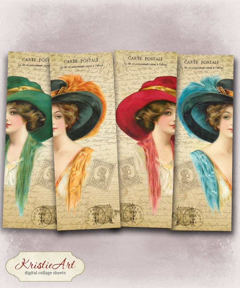 May include: Four vintage postcard images featuring women wearing hats. The women are wearing green, orange, red, and blue hats. The postcards have a handwritten background and the text "CARTE POSTALE" is visible on each card.