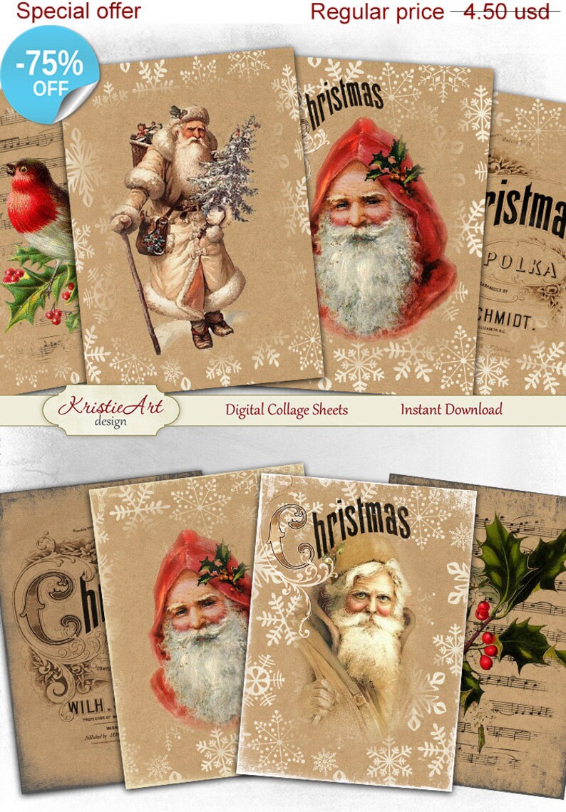 75% OFF SALE Christmas Greetings - Digital Collage Sheet Digital Cards C114 Printable Download Image Digital Atc Card ACEO Christmas Cards 