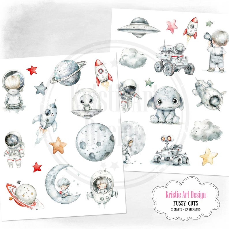 May include: A set of 20 space-themed digital stickers featuring astronauts, rockets, planets, stars, and a cute alien. The stickers are perfect for adding a whimsical touch to your digital projects.