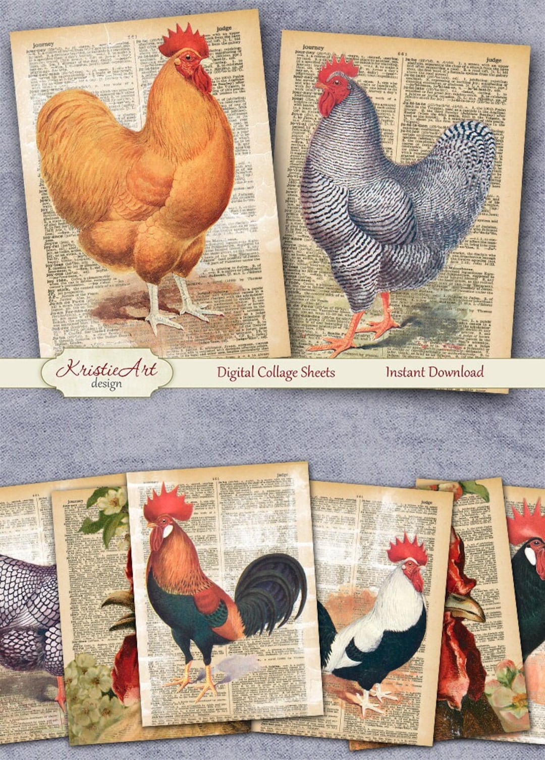 Roosters &amp; Chickens - Digital Collage Sheet Digital Cards C197 ...