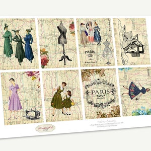 May include: A digital collage sheet with nine squares featuring vintage illustrations of women in dresses, sewing machines, and the word "Paris" in a decorative font. The background is a beige map with red and blue lines.