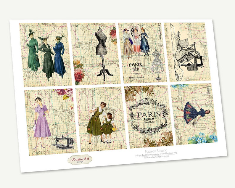 May include: A digital collage sheet with nine squares featuring vintage illustrations of women in dresses, sewing machines, and the word "Paris" in a decorative font. The background is a beige map with red and blue lines.
