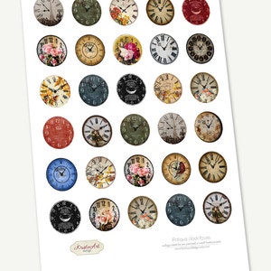 May include: A sheet of 25 printable vintage clock faces, each with a different design. The clock faces are in various colours, including red, blue, green, and brown. The sheet is perfect for crafting projects, scrapbooking, or adding a vintage touch to your home decor.