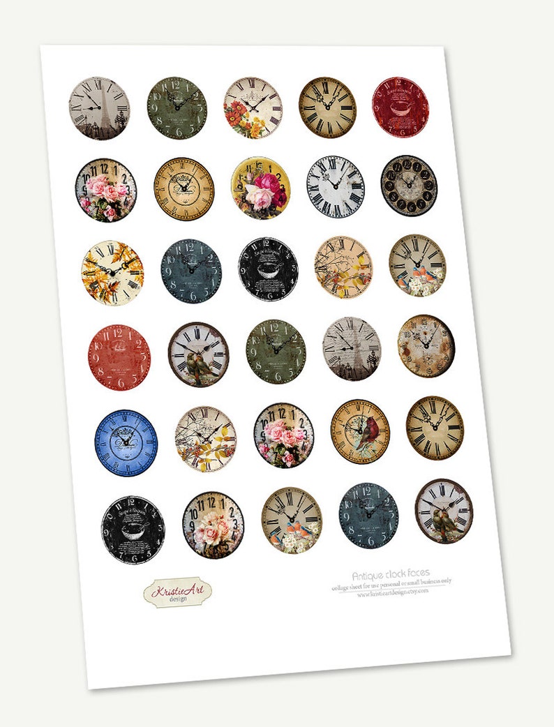 May include: A sheet of 25 printable vintage clock faces, each with a different design. The clock faces are in various colours, including red, blue, green, and brown. The sheet is perfect for crafting projects, scrapbooking, or adding a vintage touch to your home decor.