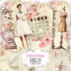 Shabby Chic Tags & Fussy Cuts Ephemera Kit | Printable Embellishments for Junk Journals - 27 pcs, T016