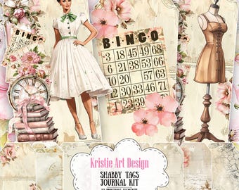 Shabby Chic Tags & Fussy Cuts Ephemera Kit | Printable Embellishments for Junk Journals - 27 pcs, T016