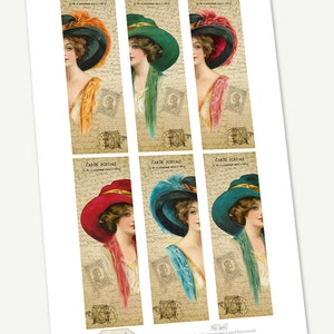 May include: A printable collage sheet with six vintage images of women wearing hats. Each image is framed with a vintage postcard design and includes the text "CARTE POSTALE".
