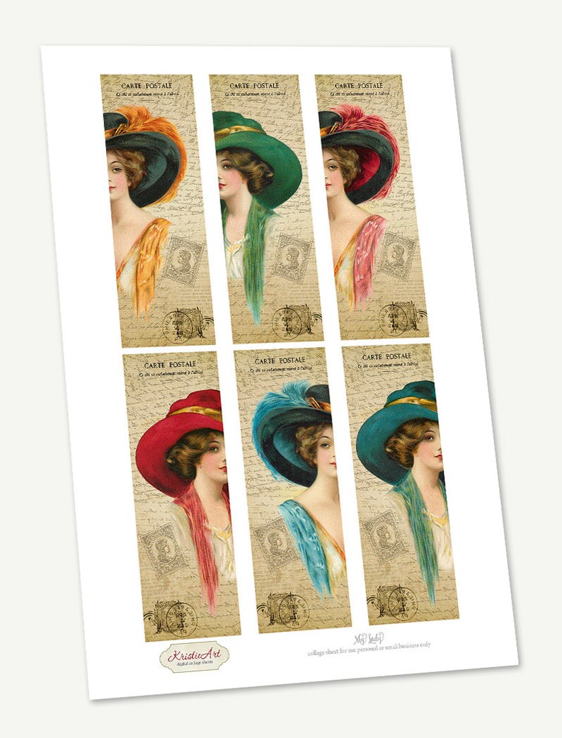 May include: A printable collage sheet with six vintage images of women wearing hats. Each image is framed with a vintage postcard design and includes the text "CARTE POSTALE".