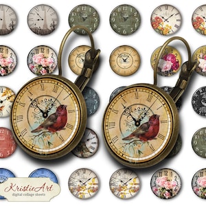 Puede incluir: Un conjunto de 20 hojas de collage digital de estilo vintage con carátulas de reloj. Las hojas presentan varios diseños, incluyendo patrones florales, pájaros y números romanos. Las hojas son perfectas para proyectos de manualidades, scrapbooking y otras actividades creativas.