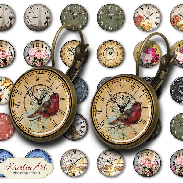 Antique Clock Faces - 18mm, 16mm, 14mm, 12mm, 10mm Circles Digital Collage Sheets E-024 Printable Watch Earring, Rings, Jewelry