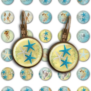 May include: A set of 20 round, 1 inch, glass cabochons with a variety of sea-themed designs. The designs include starfish, seashells, jellyfish, and nautical patterns. The cabochons are perfect for crafting projects like jewelry, hair clips, and keychains.