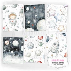 May include: Six printable digital papers featuring watercolour illustrations of space-themed designs. The designs include planets, stars, rockets, and astronauts. The papers are 8x8 inches.