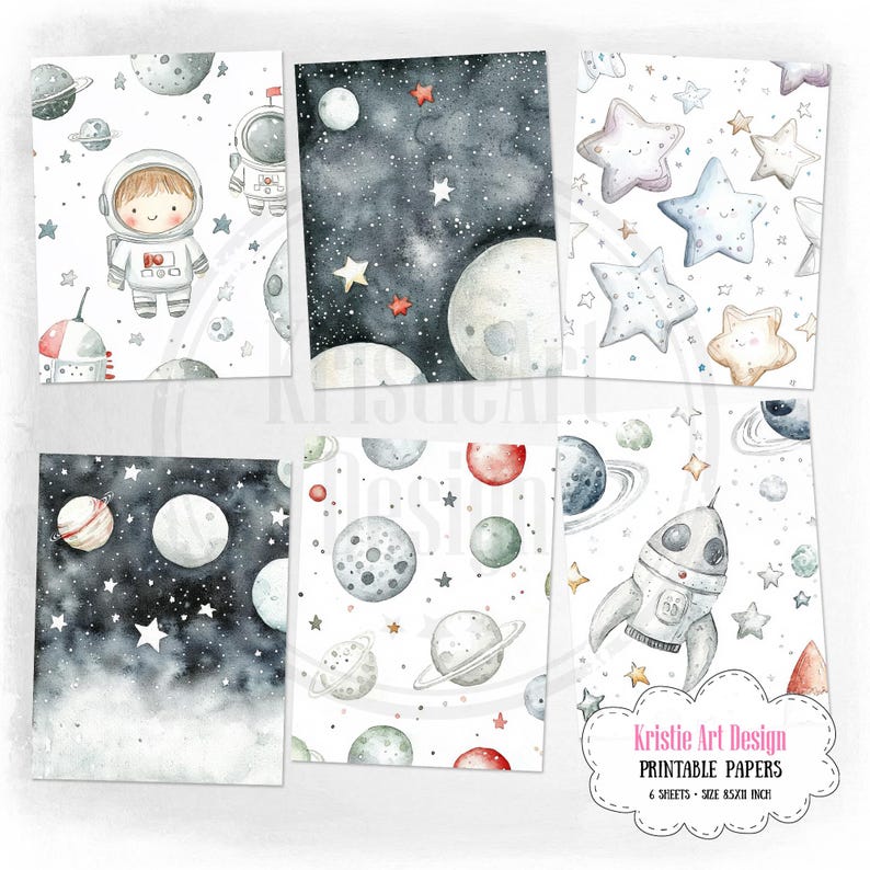 May include: Six printable digital papers featuring watercolour illustrations of space-themed designs. The designs include planets, stars, rockets, and astronauts. The papers are 8x8 inches.