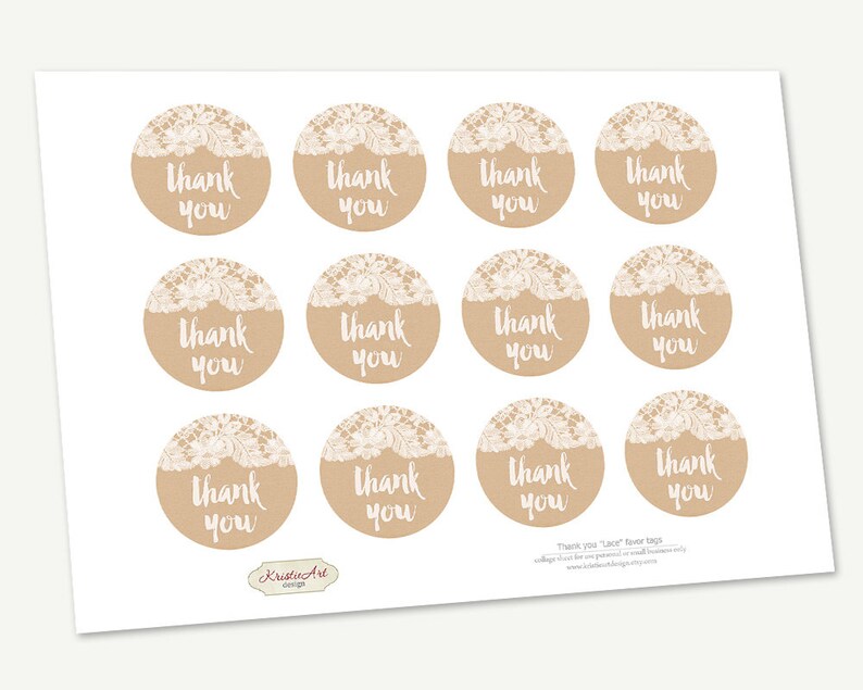 May include: Twelve round kraft paper stickers with white lace trim and the text "Thank you" in white lettering.