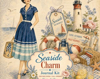 Seaside Charm Junk Journal Kit, Retro Printable Papers, Vintage French Ephemera, Shabby Chic Scrapbook Kit, NP062