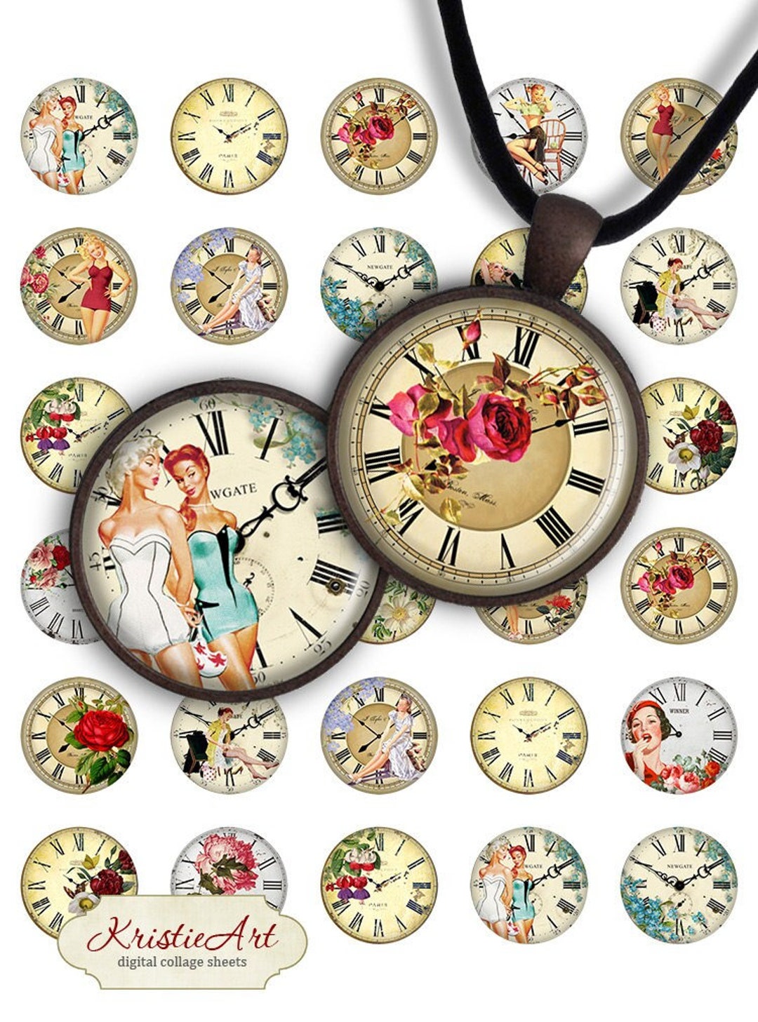 Retro Clock - Digital Collage Sheet 1 Inch and 1.2 Inch Size Image for ...