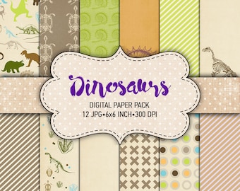 Digital paper pack &quot;Dinosaurs&quot; - Printable paper pack sheets 6x6 inch Digital Background Paper 15x15 scrapbook Dino paper