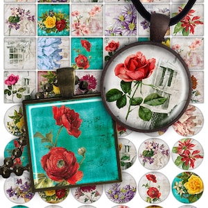 Digital Collage Sheet Flowers Day - 1 inch Circle 30mm 25mm 20mm 1 inch Square Flowers Pendant PCS002 Jewelry Making Floral