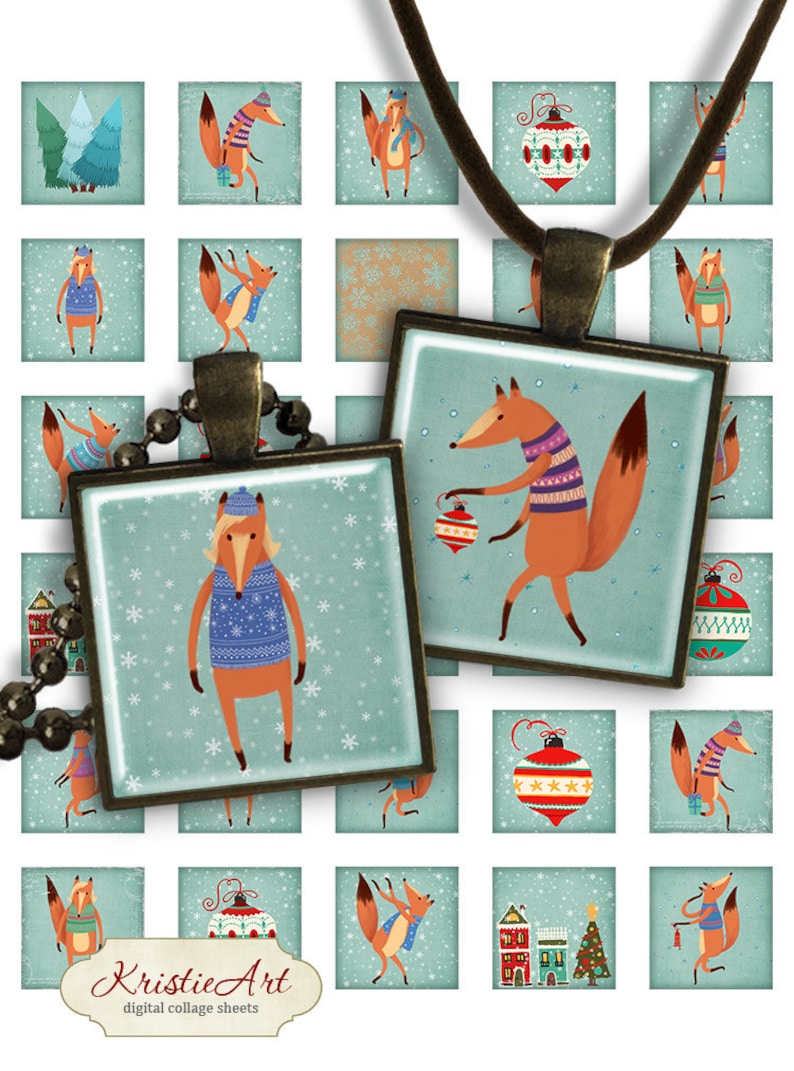 Square Pendant Image PS024 digital printable square 1 inch Christmas image 25mm pendants glass charms resin magnet 75/% OFF SALE Winter Fox