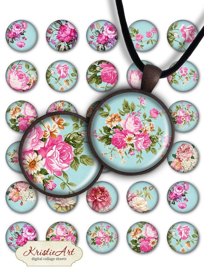 May include: A set of 18 digital collage sheets featuring a floral pattern with pink roses, green leaves, and a light blue background. The sheets are perfect for crafting projects, scrapbooking, and digital design.